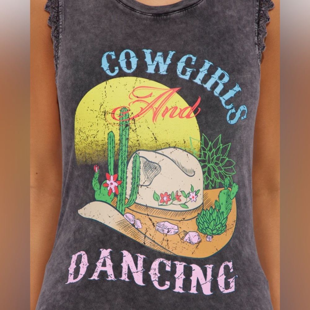 NWT Cowgirls And Dancing Lace Trim Washed Muscle Tank L Large - Picture 2 of 8